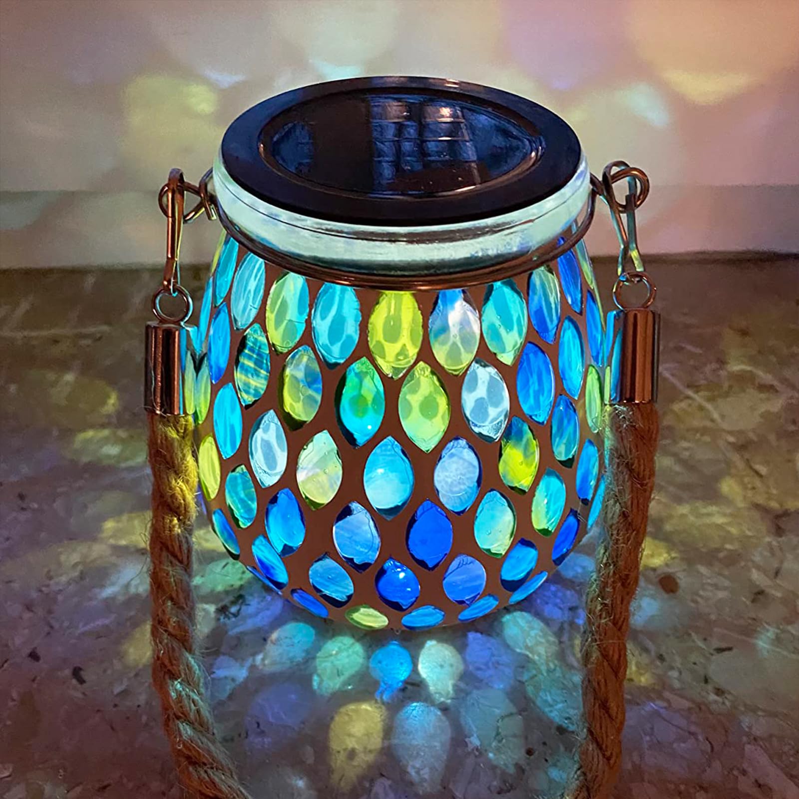 TOTHDATE 1PCS Oval Mosaic Solar Lights Outdoor Garden, On/Off Glass Hanging Solar Mosaic Lanterns Lights IP65 Waterproof for Table Lawn Path Courtyard Deck Fence, Blue Mosaic Glass