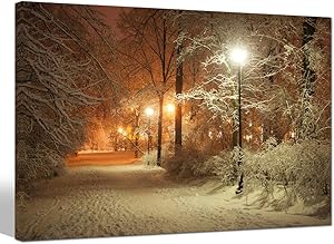 sechars - Warm Winter Park Canvas Prints Alley and Shining Lanterns Picture Photo Canvas Wall Art USA Landscape Canvas Print Modern Home Living Room Bedroom Decoration Framed Ready to Hang