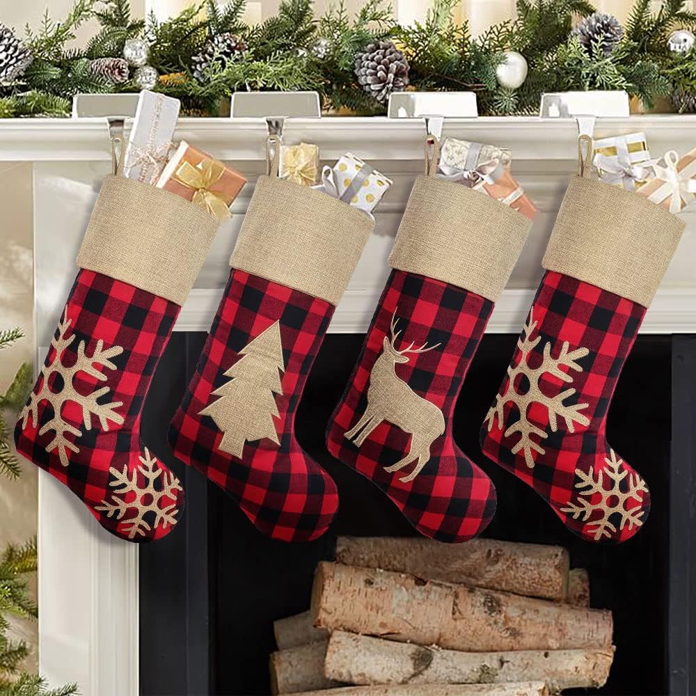Stockings & Holders - Christmas Stockings Decorations 4 Pack, 18 inches Red Black Buffalo Plaid Xmas Ornaments, Rustic Cotton Linen with Embroidered Burlap, DIY Personalized Farmhouse Decor for Home Family Party Tree