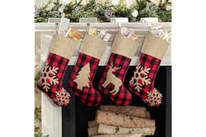 BUNNY CHORUS Christmas Stockings Decorations 4 Pack, 18 inches Red Black Buffalo Plaid Xmas Ornaments, Rustic Cotton Linen with Embroidered Burlap, DIY Personalized Farmhouse Decor for Home Family Party Tree