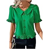 SweatyRocks Women's Ruffle Short Sleeve Button Front Blouse V Neck Collar Business Shirt