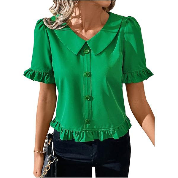 WDIRARA Women's Puff Short Sleeve Round Neck Blouse Solid Button Top