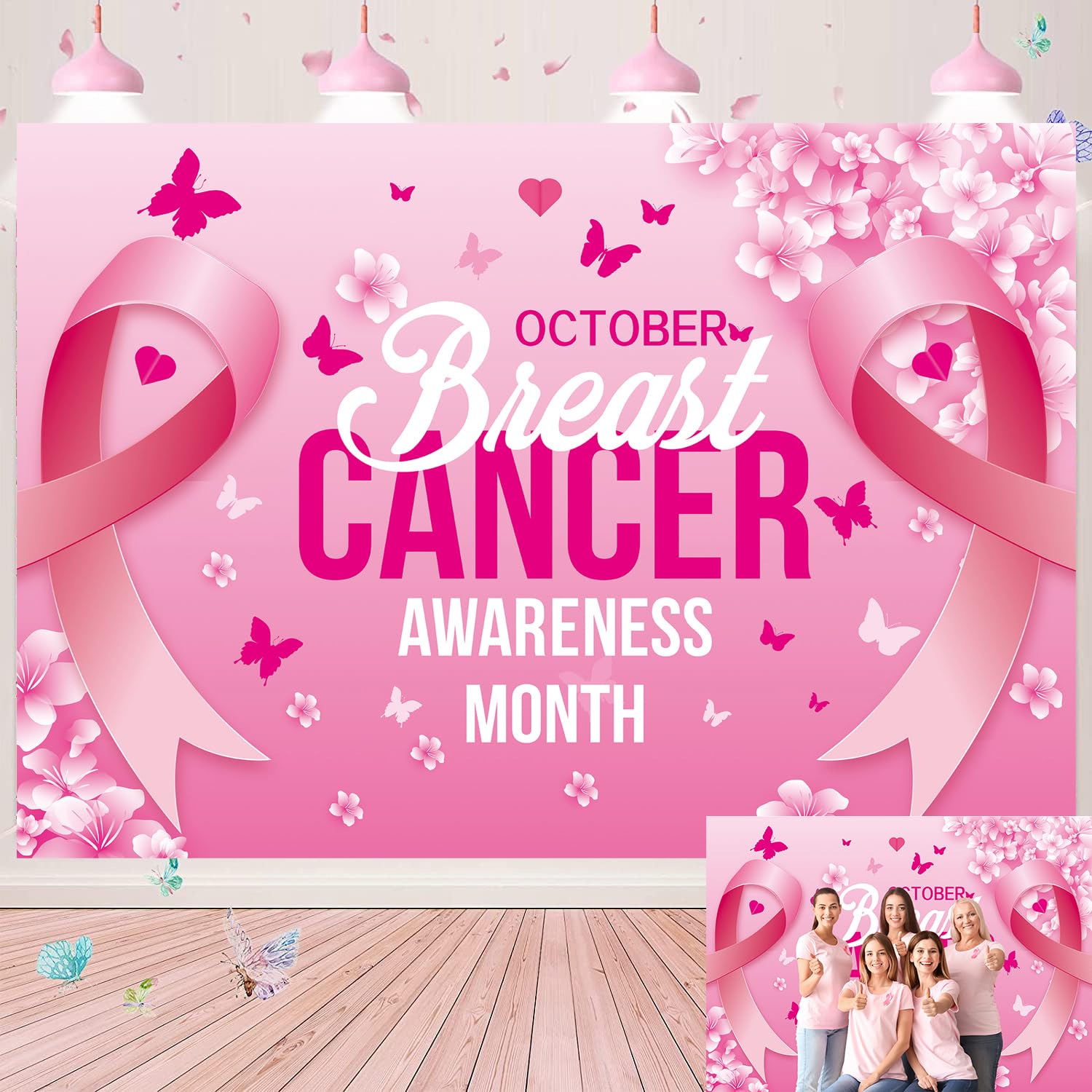 Photo 1 of ****** PACK OF 2*****Breast Cancer Awareness Backdrop Pink Ribbon Banner October Caring Day Photography Background Breast Cancer Month Charity Activities Party Decorations Background (6x4ft(70x40inch))