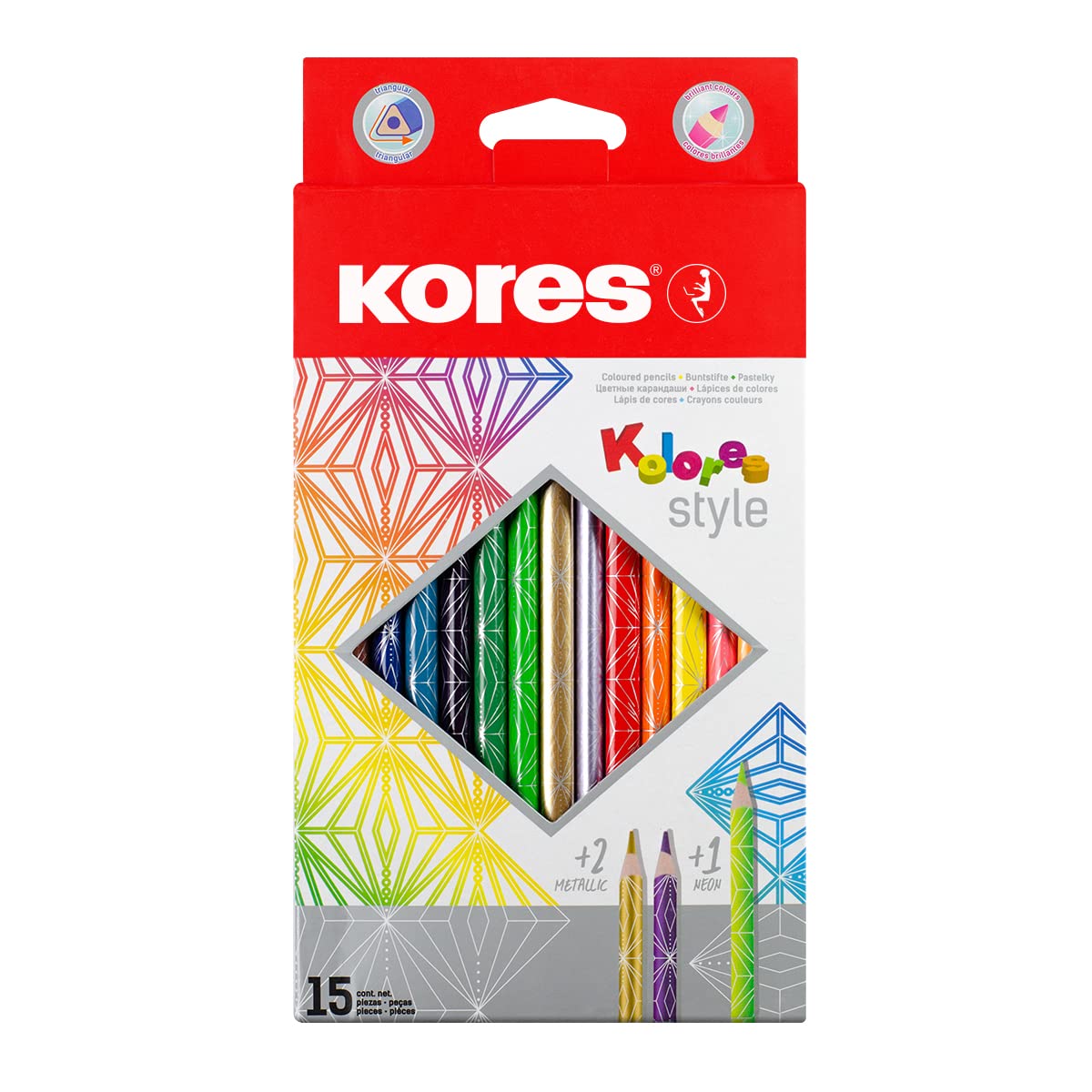 Kores - Kolores Style, 15 Triangular Shape Colouring Pencils - Coloured Pencils with Soft Lead, Triangular Shape - Back to School Supplies - Set of 15 Assorted in Carton Case