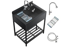 DEVLOUTT Stainless Steel Utility Sink, Free Stand Commercial Kitchen Single Bowl Sink with Pull-Out Cold & Hot Faucet, Utility Sink for Laundry Room, Kitchen (Black, L - 33.5''L x 23.5''W x 36''H)