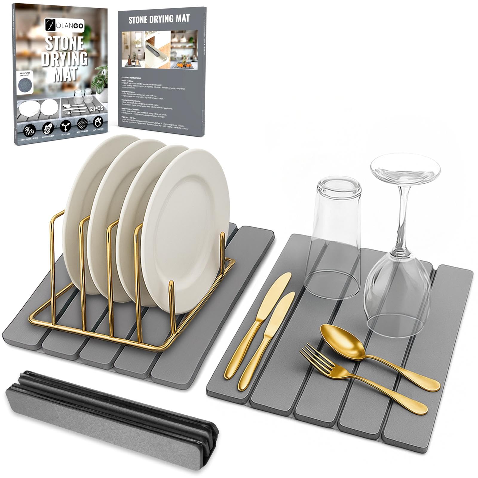 Photo 1 of Large Foldable Stone Dish Drying Mat – Diatomaceous Earth, 2 Pack (12"x16" Each) or 24"x16" Combined – Fast Dry, Anti-Slip Pad, Sanding Tool & Instruction Manual for Kitchen and Bathroom, Dark Gray