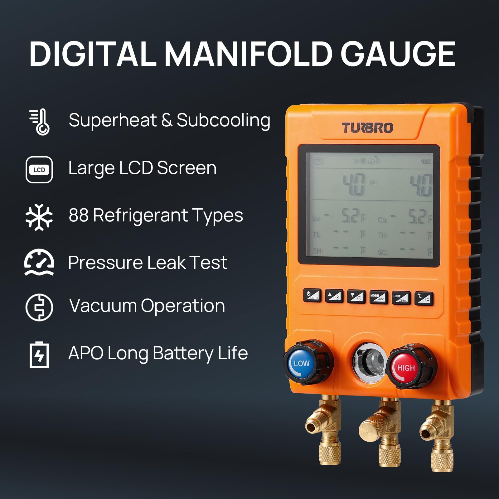 Condition photo showing New/Like New for turbro digital manifold gauge set with 2 wired temperature clamps and 3 hoses, hvac system pressure