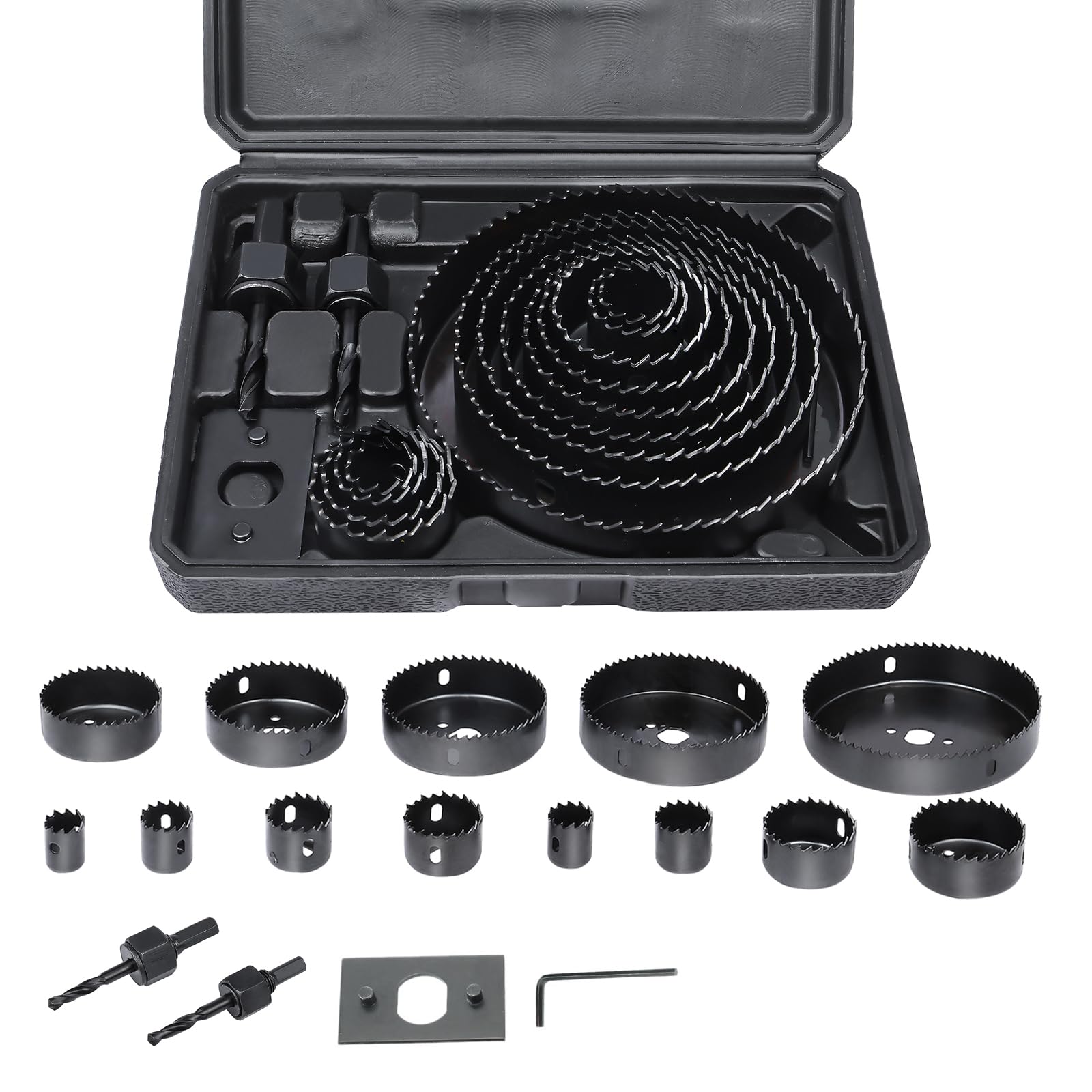 FreeTec Hole Saw Cutter Set for Wood, 19mm-127mm Wood Hole Cutters Circular Drill Cutter Kit, Carbon Steel Holesaw Drill Bit for Plasterboard Plywood Plastic Board PVC Pipes, 16 Pieces