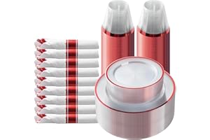 Goodluck 175 Piece Red Plastic Dinnerware Set for Party, Clear Disposable Plates for 25 Guests, Include: 25 Dinner Plastic Plates, 25 Dessert Plates, 25 Pre Rolled Napkins with Cutlery Set, 25 Cups