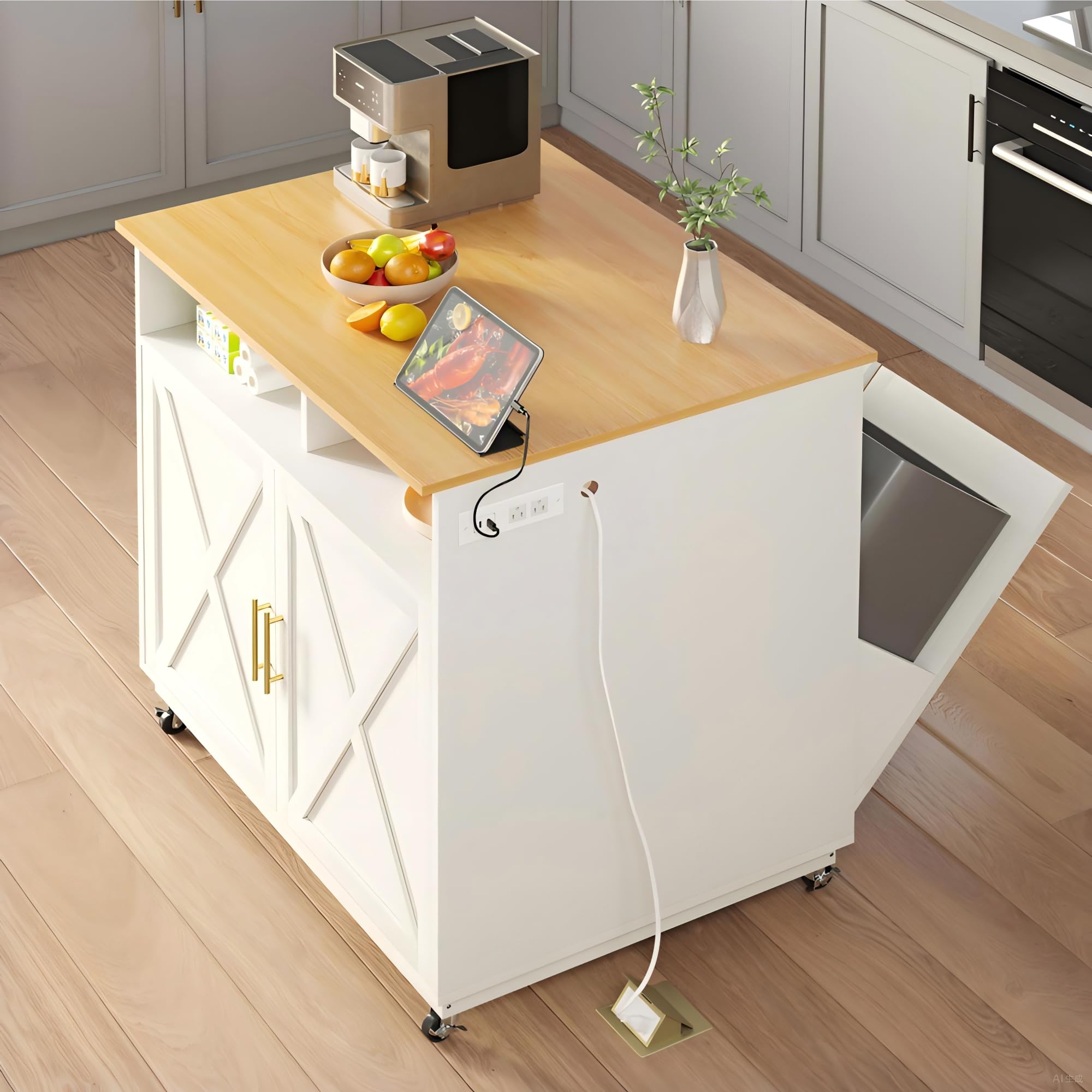 Photo 1 of ***DAMAGED - SEE NOTES/PICTURES***DWVO Kitchen Island with Power Outlet, 40 inch Rolling Island Table with Trash Can Cabinet fits Double 10-Gallon Bin, Square Mobile Storage Islands with Tilt Out Garbage Bin Cabinet, White Oak