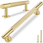 QOGRISUN 5-Pack Solid Brass Cabinet Pulls, Grooved Gold Bar Handles, 5-Inch Hole Center for Kitchen Drawer Dresser Cupboard, 