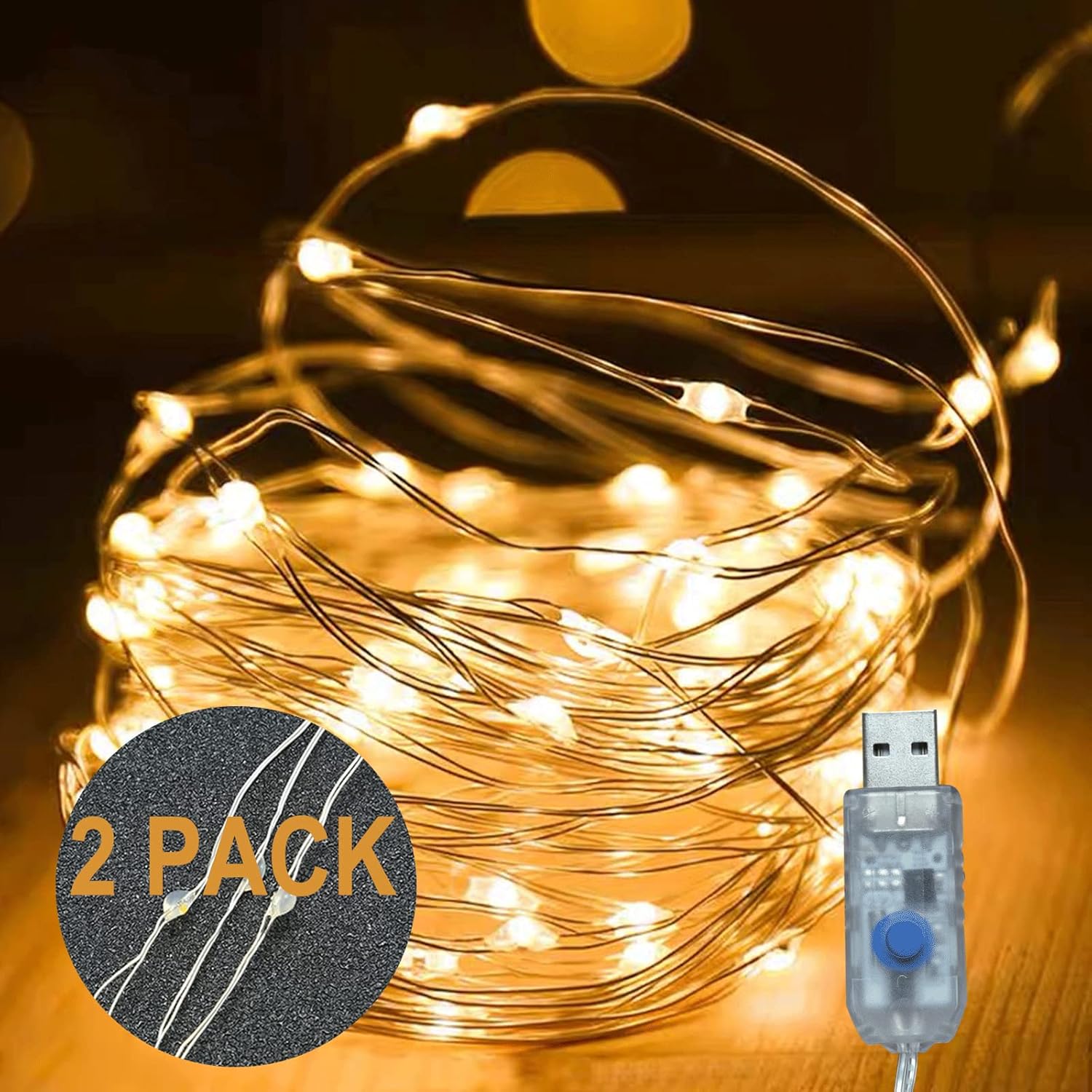 String Lights - Fairy Lights Plug in 2 Pack, 8 Modes 33ft 100 LED Firefly Twinkle String Lights, USB Mini Small Cute Christmas Tree Twinkling Lights for Indoor Bedroom Party Wedding Valentines