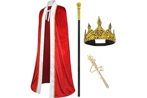 CosInStyle 3 Pieces Halloween King Prince or Queen Robe Red Cloak Cape Crown Wand Costume Set with King Crown Headband