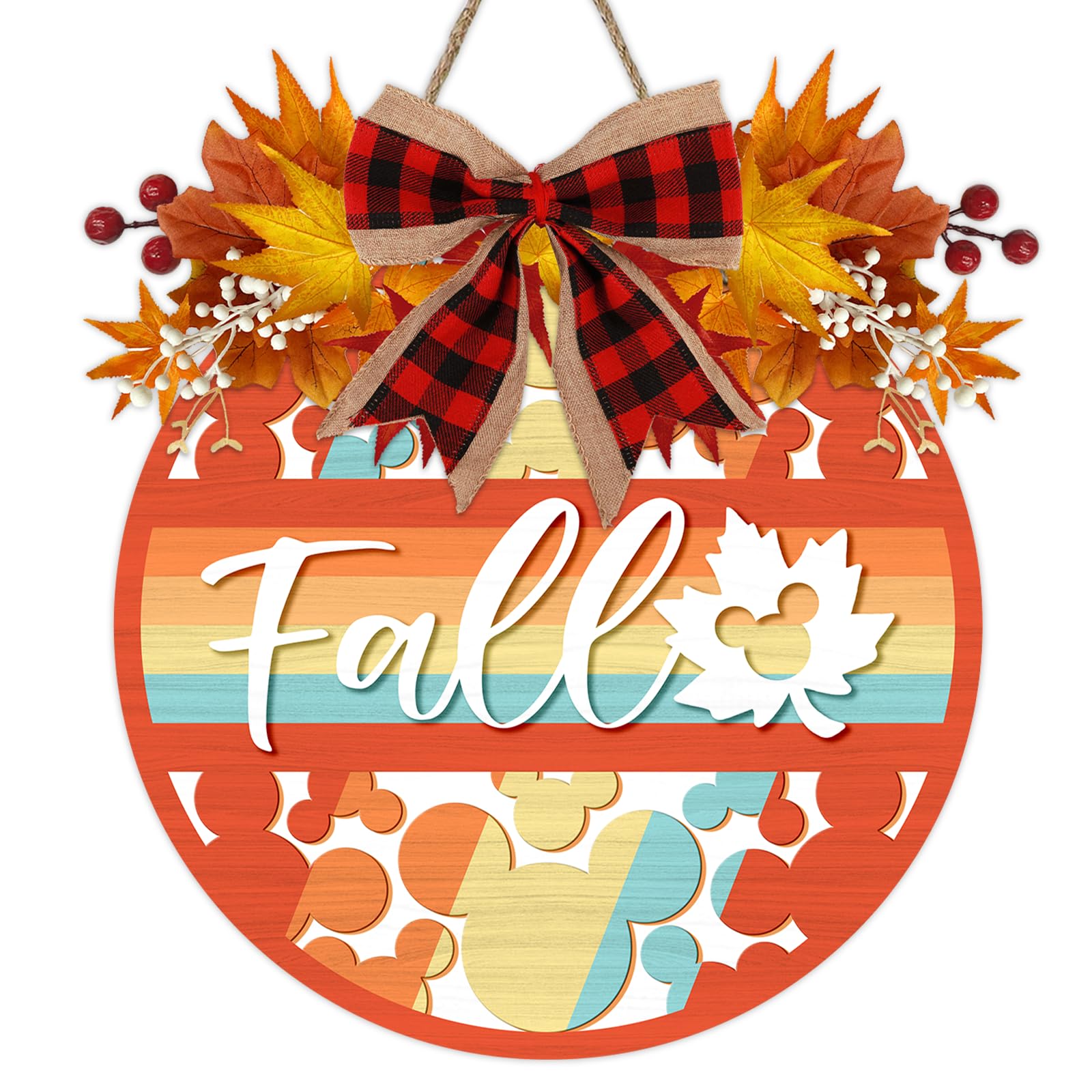 Photo 1 of Deroro Fall Cartoon Mouse Front Door Sign, Orange Autumn Maple Leaves Stripes Wood Door Hanger Outdoor Outside Porch Decor, Wooden Wreath with Plaid Bow Indoor Wall Hanging Decoration