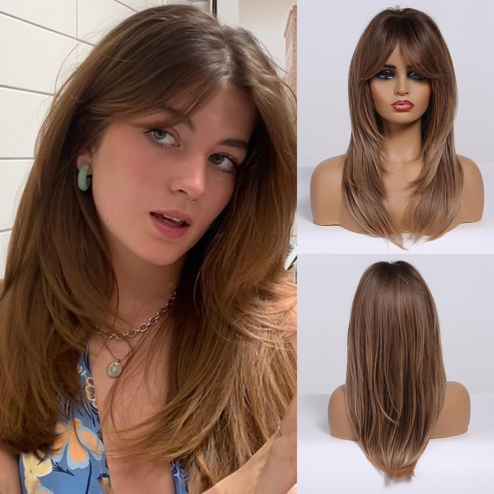 Allbell Ombre Brown Wig for Women Long Straight Wig with Curtain Bangs Natural Looking Dark Brown Wigs Heat Resistant Synthetic Hair for Daily Wear Cosplay Party