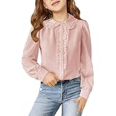 Haloumoning Girls Puff Long Sleeve Shirts Cute Casual Peter Pan Collar Blouse Ruffle Button Down Chiffon Tops 7-14 Years