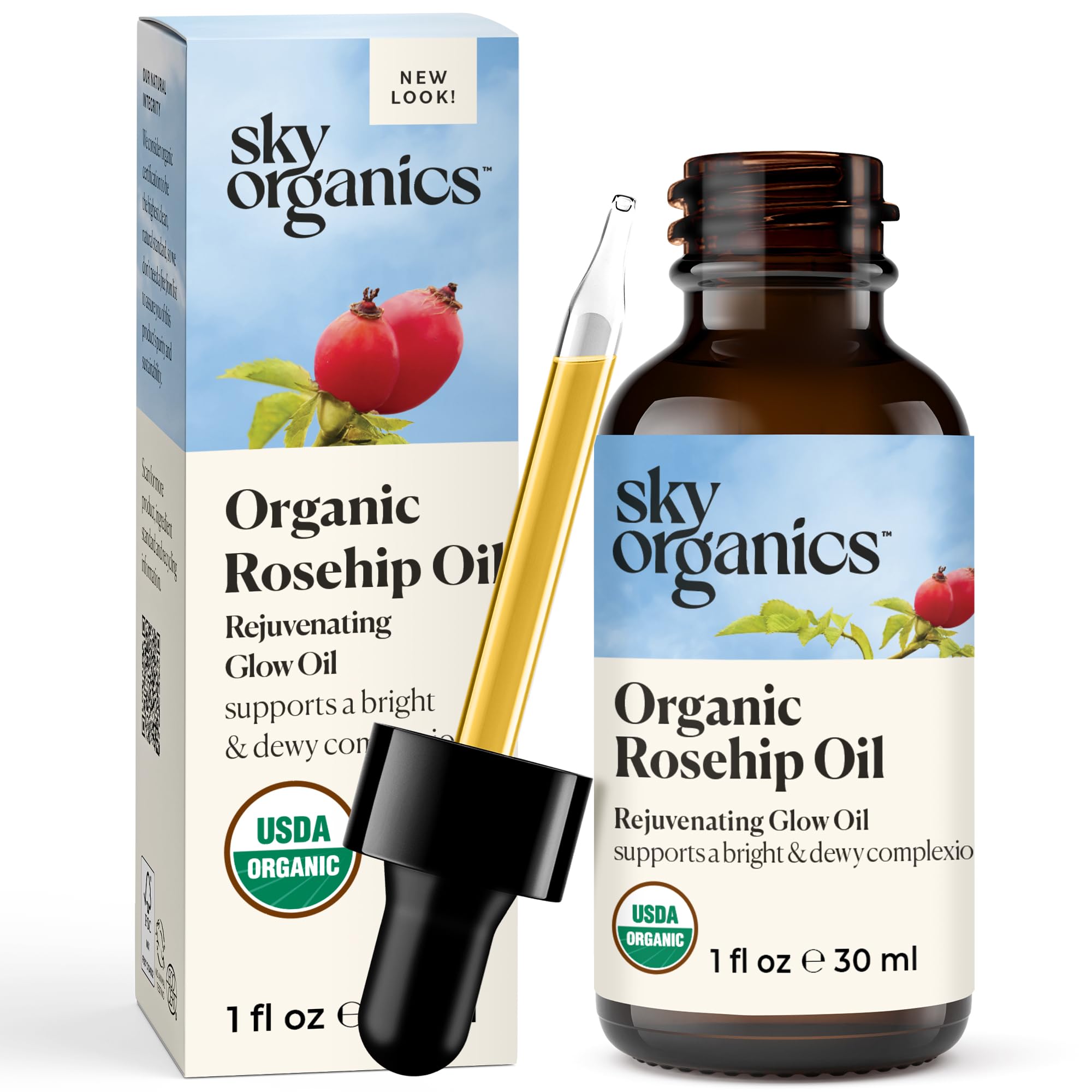 Sky Organics Organic Rosehip Oil for Face, Rejuvenating Glow Oil to Support a Bright, Dewy & More Radiant Complexion, Suitable for Dull or Tired Skin, 100% Pure & Cold-Pressed Facial Oil, 30 ml