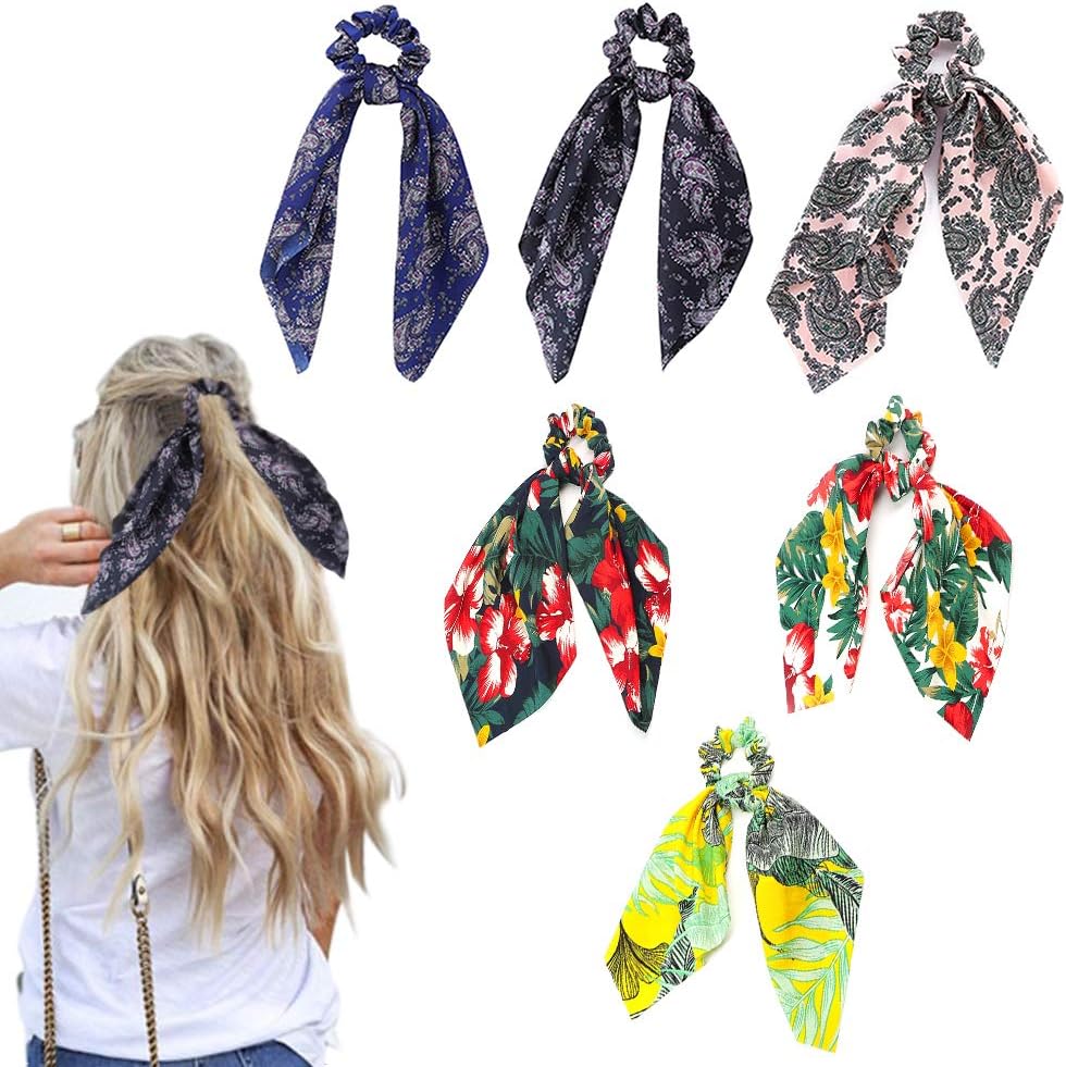 6Pcs Floral Print Hair Scrunchies Satin Elastic Hair Bands Hair Scarf Bohemian Style Ponytail Holder Ties Vintage Hair Accessories for Women Girls