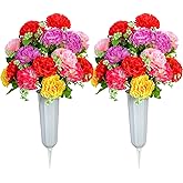 XONOR Cemetery Flowers, Set of 2 Artificial Carnation Bouquet Grave Memorial Flowers with Vase for Cemetery Headstones Decoration (Carnation)
