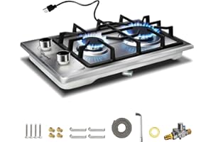Disaenvir 2 Burner Propane Cooktop - 12 Inch Stainless Steel Gas Stove for LPG/NG Dual Fuel, Portable Gas Burner with Flame-out Protection for Apartment, Kitchen, RV, Indoor, Outdoor 110V Plug in