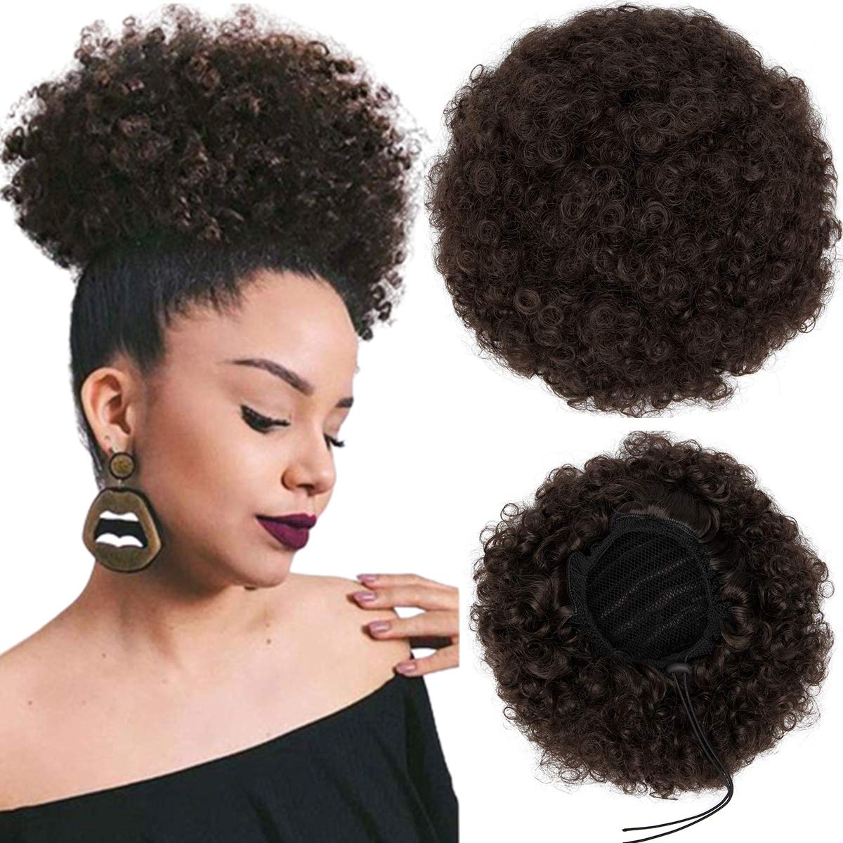 Synthetic Afro Puff Drawstring Ponytail Short Kinky Curly Hair Bun Extension Donut Chignon Hairpieces Wig Updo Hair Extensions Clip in Bun Ponytail Extensions Large Size