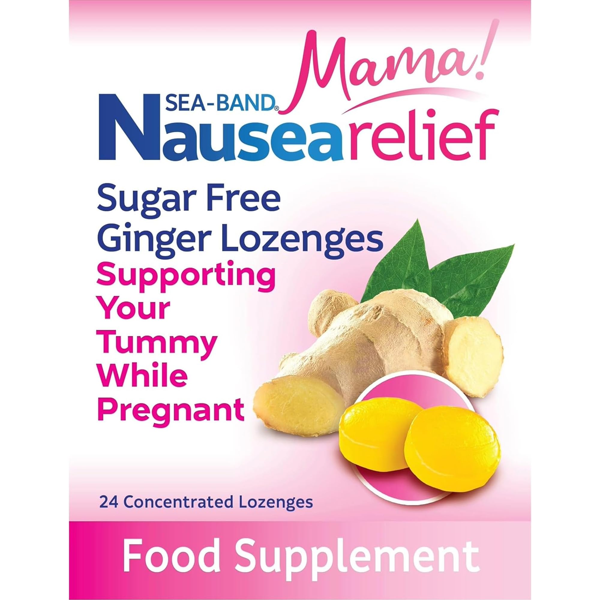 Sea-Band Mama! Morning Sickness Sugar Free Ginger Lozenges (24 Pack) for Motion Sickness and Nausea Relief while Pregnant (24 Lozenges, Pack of 1)
