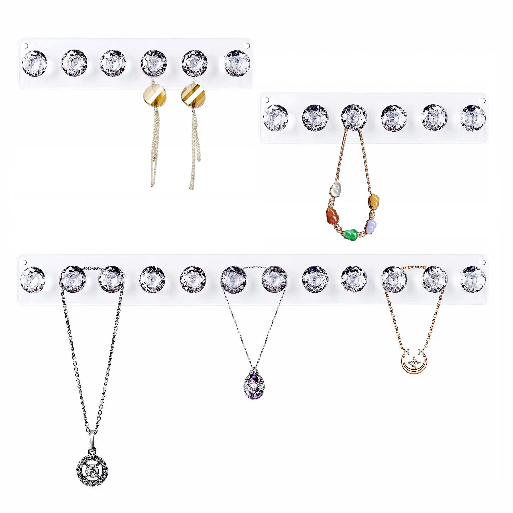 Baoswi Necklace Hangers Acrylic Necklaces Holder Wall Mounted Jewellery Organiser Hanging with Diamond Shape Hooks, Jewellery Hangers for Necklace (1 Pack of 12 diamonds + 2 Pack of 6 diamonds)