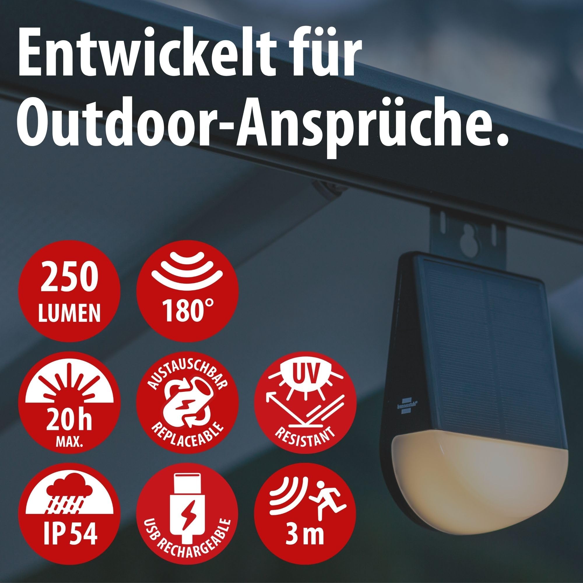 Brennenstuhl Akku Solar LED Outdoor Lampe KL 300 AS (250lm, Wandleuchte mit Bewegungsmelder, IP54, 3 Leuchtstufen, max. 20h Leuchtdauer, Adapter für Kederschiene an z.B. einem Wohnwagen) 2