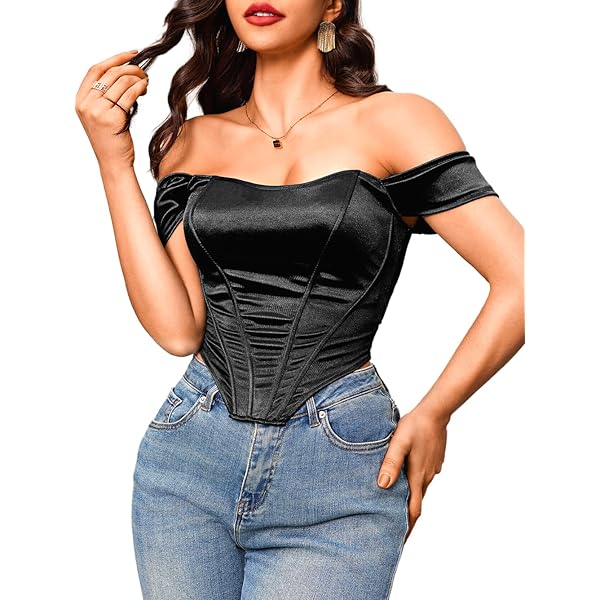 FEOYA Women's Mesh Sleeve Patchwork Boned Bustier Off