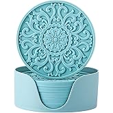 Colinda Silicone Coasters - Set of 6 with Holder, Non-Slip Cup Mats for Hot and Cold Drinks, Decorative Designs, Gift Ready Packaging,Turquoise