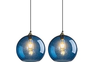 LBSQJ Blue Glass Pendant Lights Kitchen Island Lighting Globe Pendant Light Fixtures Modern Pendant Lighting for Kitchen Island Bedroom Living Dining Room Light Fixture(9.84in, 2-Pack)