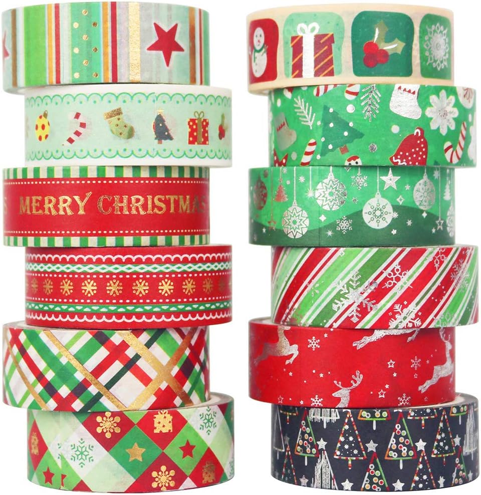 YUBBAEX Christmas Washi Tape Set Gold Foil Masking Tape Decorative for Arts DIY Crafts, Bullet Journal Supplies, Planners