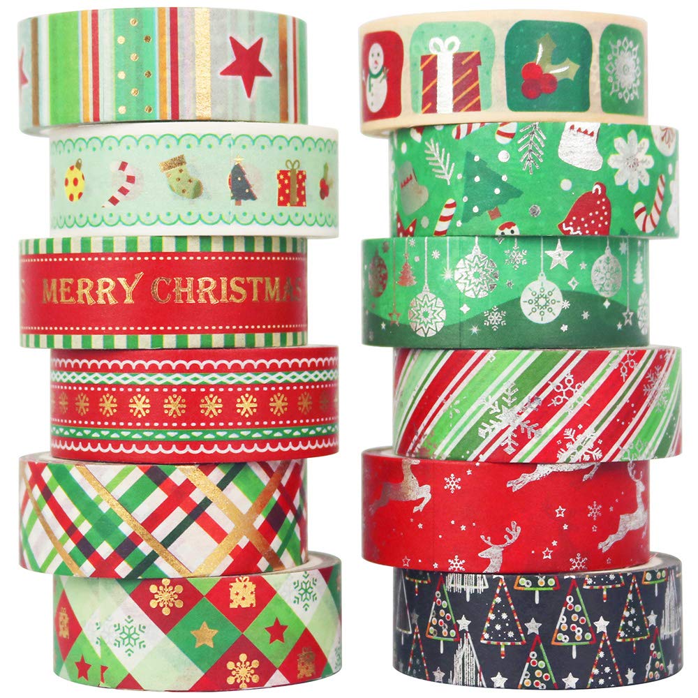 YUBBAEX Christmas Washi Tape Set Gold Foil Masking Tape Decorative for Arts, DIY Crafts, Bullet Journal Supplies, Planners, Scrapbook, Card/Gift Wrapping -15mm- (New Mix X'Mas 12 Rolls)