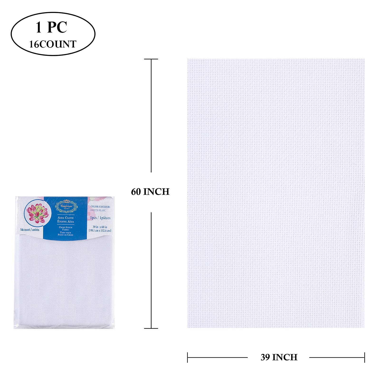 Aida Cloth Big Size 16 Count, White Cross Stitch Fabric, 39 inch by 60 inch