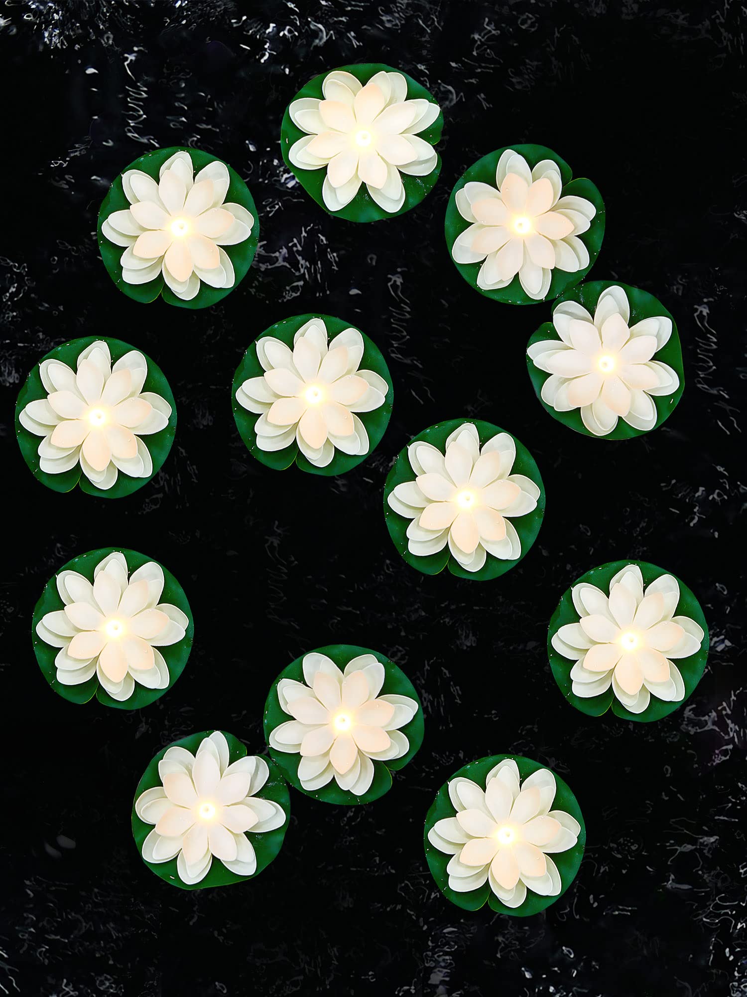 Photo 1 of Hortsun 12 Pcs Lotus Flowers with Batteries, Floating Flowers with Lily Pads, Artificial Pond Ornaments Diwali Decorations Pooja Floating Candles Decors for Home Pool Outdoor(3.94 Inch,White)