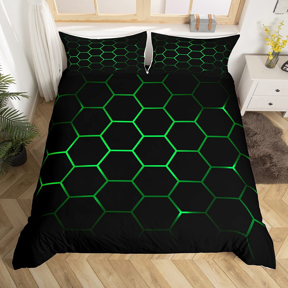 Hexagonal Bedding Set 3D Geometric Honeycomb Duvet Cover for Kids Boys Girls Beehive Hexagon Comforter Cover Neon Green Black Bedding & Linen 3Pcs King — image 1