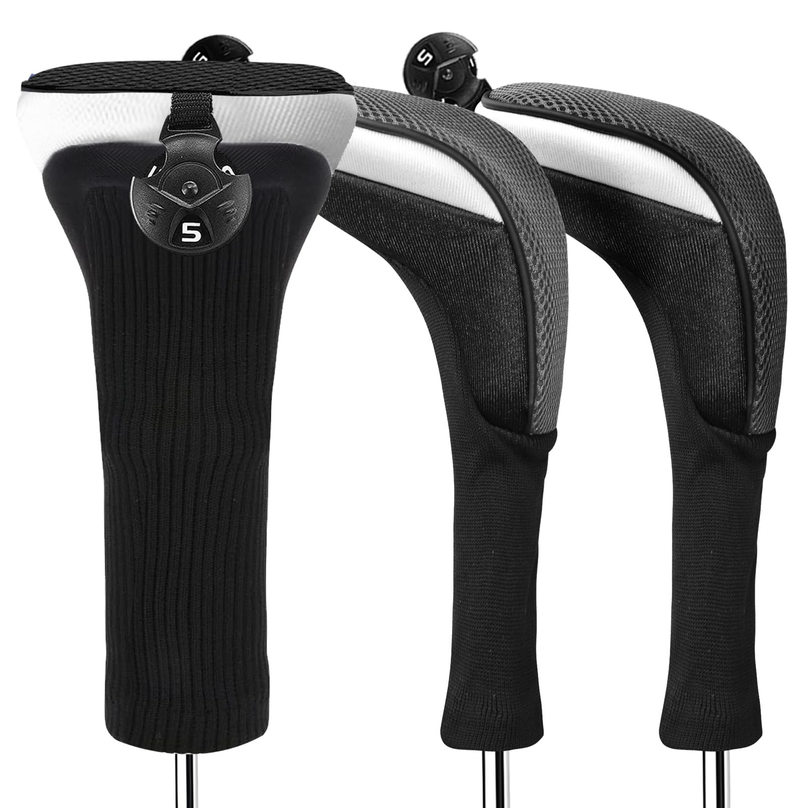 FINGER TEN Golf Club Head Covers Woods Hybrids Long Cover, Headcovers with Interchangeable No. Tags Fit All Hybrids Wood Clubs Light Durable (Black-3 Pack Hybrid Covers)