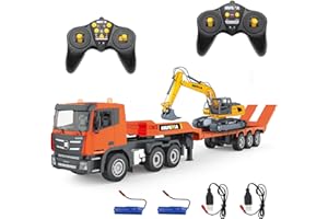 Fistone RC Semi Truck & Excavator Toy Set, 2.4Ghz Remote Control Flatbed Truck with Excavator Toys, 1:24 RC Semi-Trailer Engineering Tractor with Sound and Lights, Construction Vehicles Toy for Boys