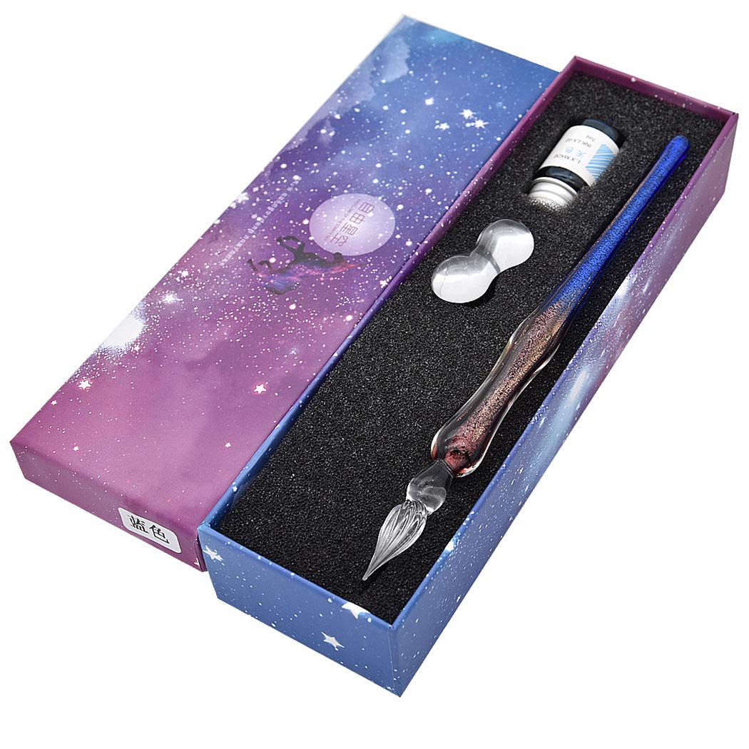 SIPLIV Handmade Glass Dip Pen Ink Set, Crystal Sparkling Signature Drawing Calligraphy Writing Pen with Bottle Ink and Pen Holder - Gradient Pink