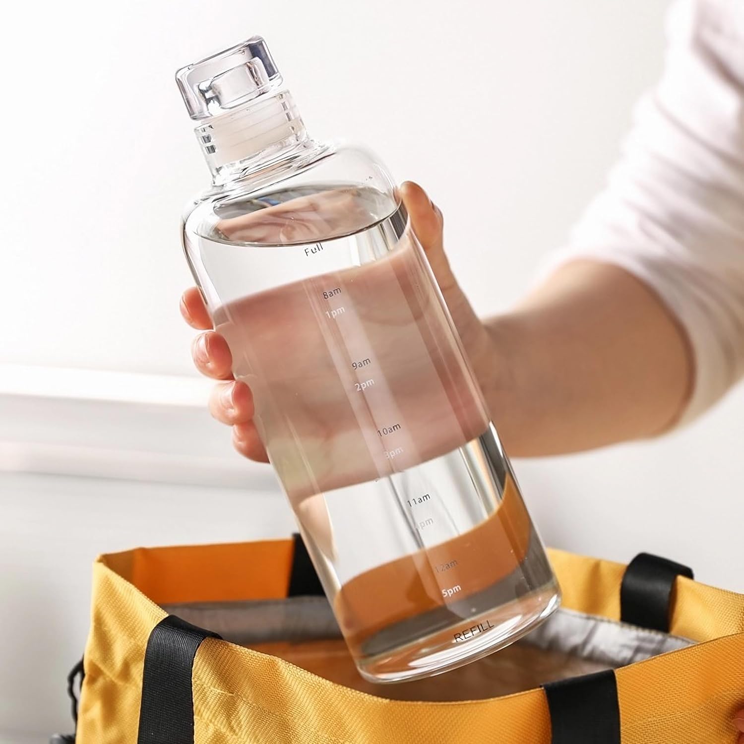 1 Litre Glass Water Bottle with Glass Lid | Large-capacity 34oz Desk Bottle With Time Markings | BPA Free Drinkware 1000 ml