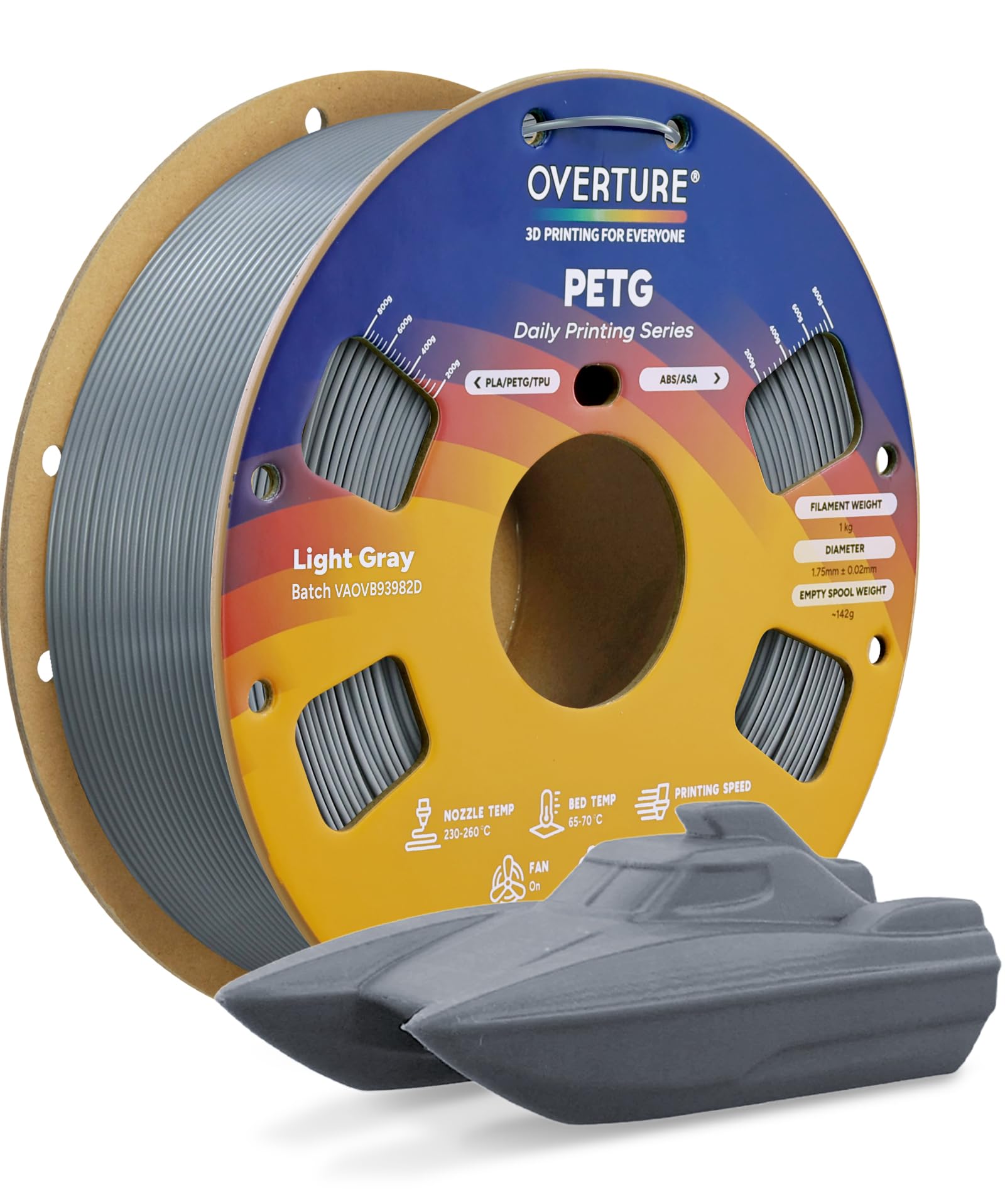 OVERTURE PETG 3D Printer Filament 1.75mm, Neatly Wound Durable PETG, 1kg Spool (2.2 lbs), Strong Toughness Filament, Accuracy +/- 0.02mm, Fit Most FDM Printers (Light Grey) — image 1