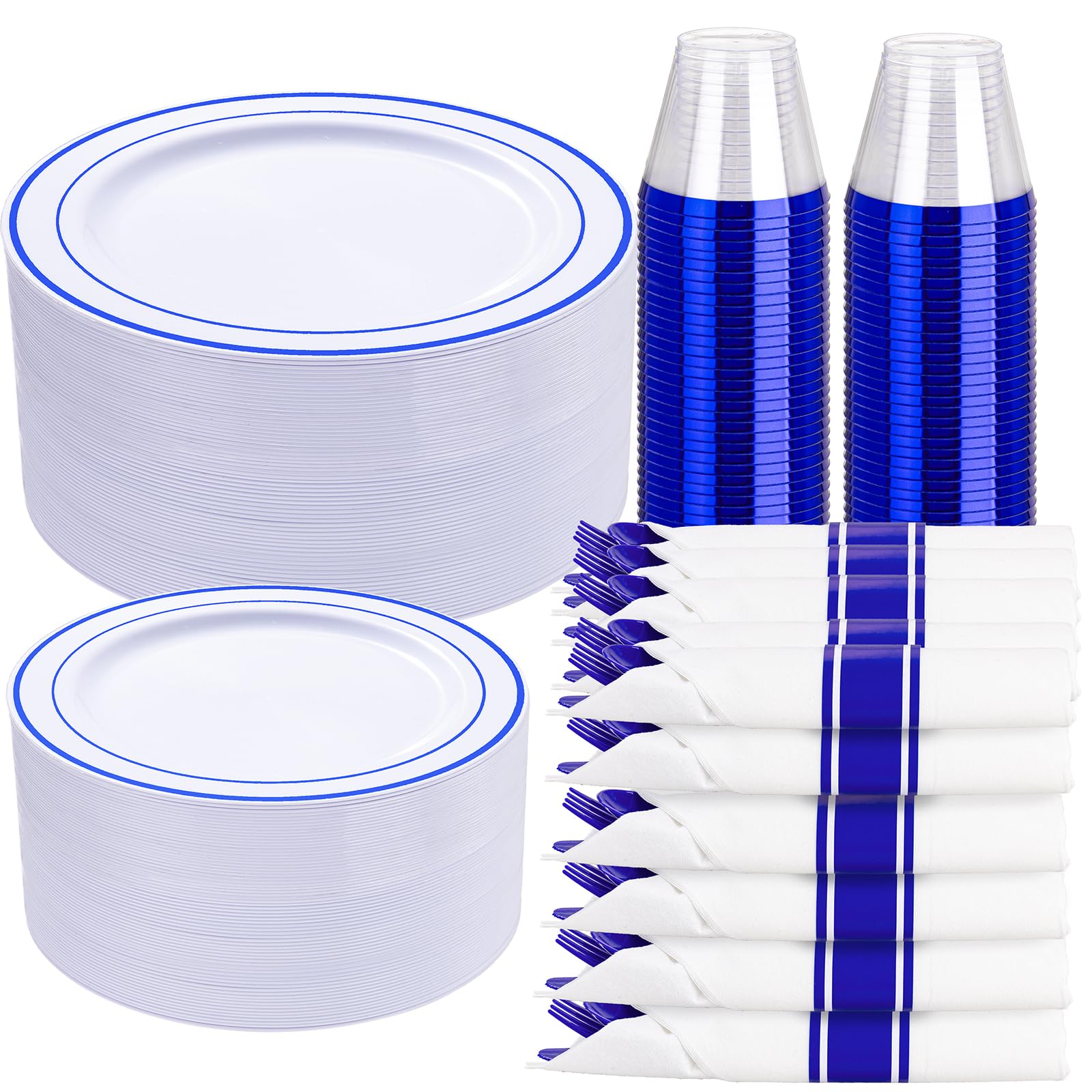 Photo 1 of WELLIFE 350 Pieces Blue Plastic Plates - Disposable Silverware and Cups, Include: 50 Dinner Plates 10.25”, 50 Dessert Plates 7.5”, 50 Blue Cups 9 OZ, 50 Plastic Cutlery