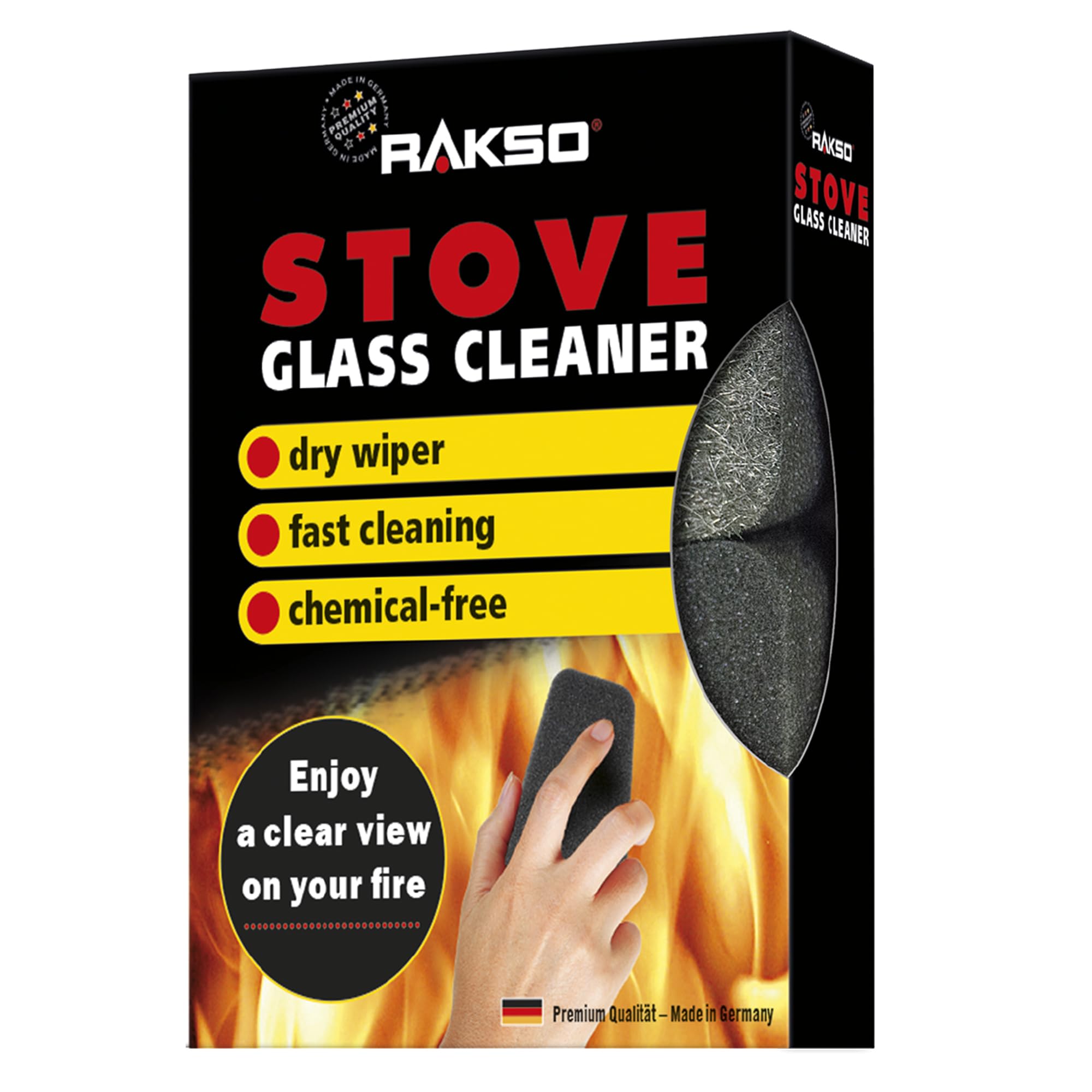 RAKSO Stove Glass Cleaner for woodburning stoves and Burners, Sponge, Fireplace Cleaner, Glass pane Cleaner, 2 Pieces, Black