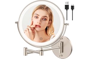 Rechargeable Wall Mounted Makeup Vanity Mirror with Lights,FUNTOUCH 8Inch Double Sided 1X 10X Magnifying Wall Mount Mirror,3 Color Lighting, Touch Screen Dimming,Extension Arm 360 Rotation Wall Mirror
