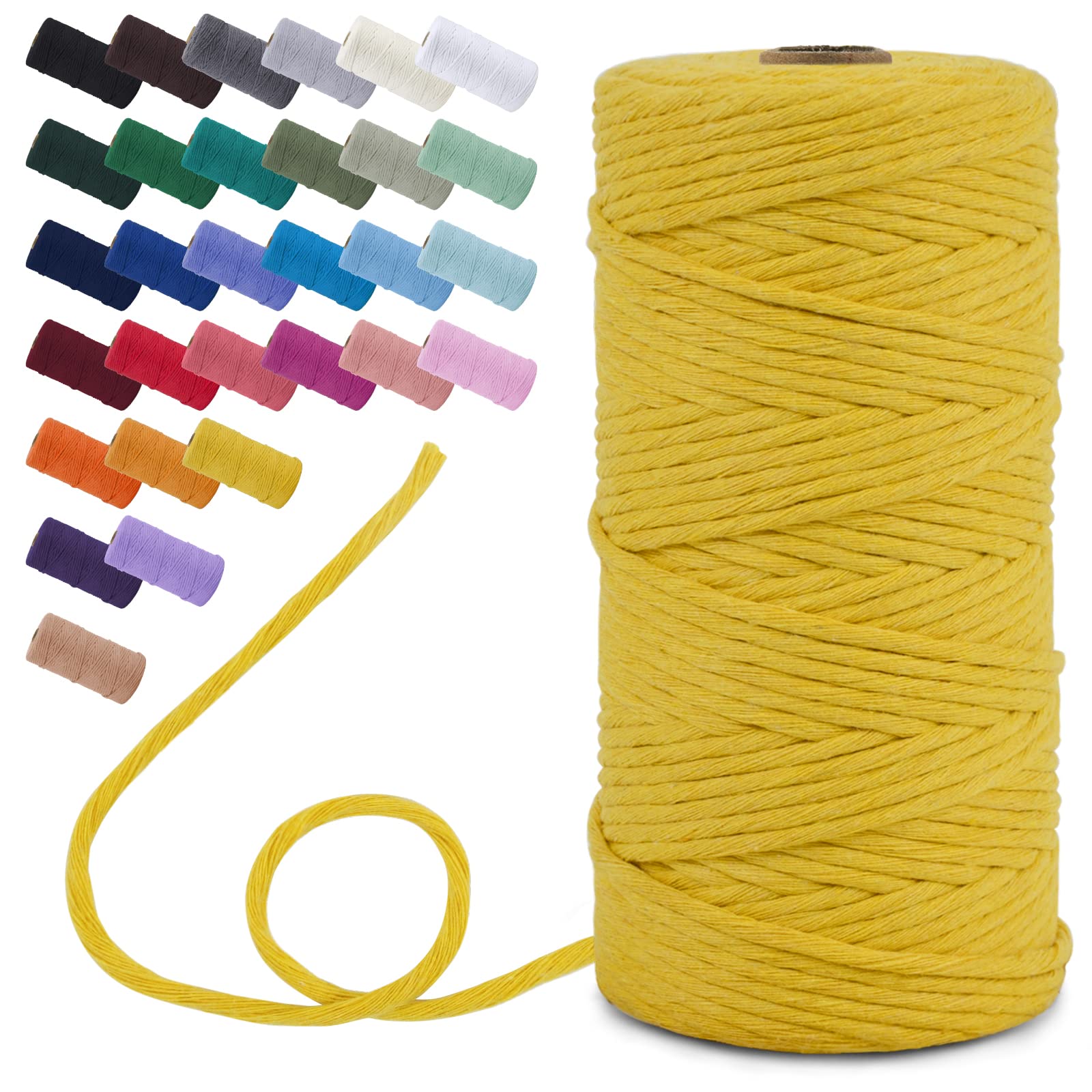 Uiopa Macrame Cord 3mm x 100m, Single Strand Macrame Yarn Thick Thread Natural Cotton Cord, Coloured Macrame Craft String for DIY Crafts, Wall Hanging, Plant Hanger, Tassels (Lemon Yellow)