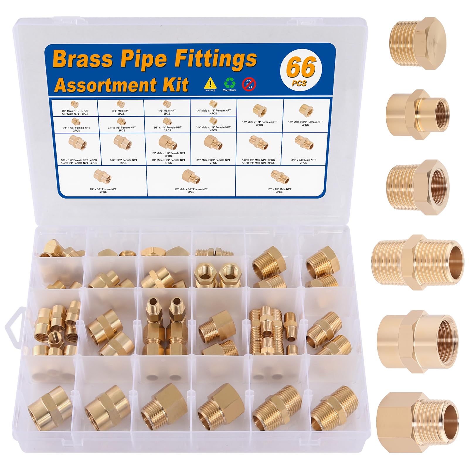 Photo 1 of KOOTANS 66PCS Brass Pipe Fittings Assortment Kit NPT Adapter Fitting, Reducer Bushing, Hex Nipple, Reducing Hex Coupling, Pipe Head Brass Plug Kit