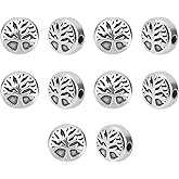 DICOSMETIC 10Pcs 10mm Flat Round with Tree of Life Beads 304 Stainless Steel Round Beads Metal Spacer Bead for Jewelry Making, Hole:2mm