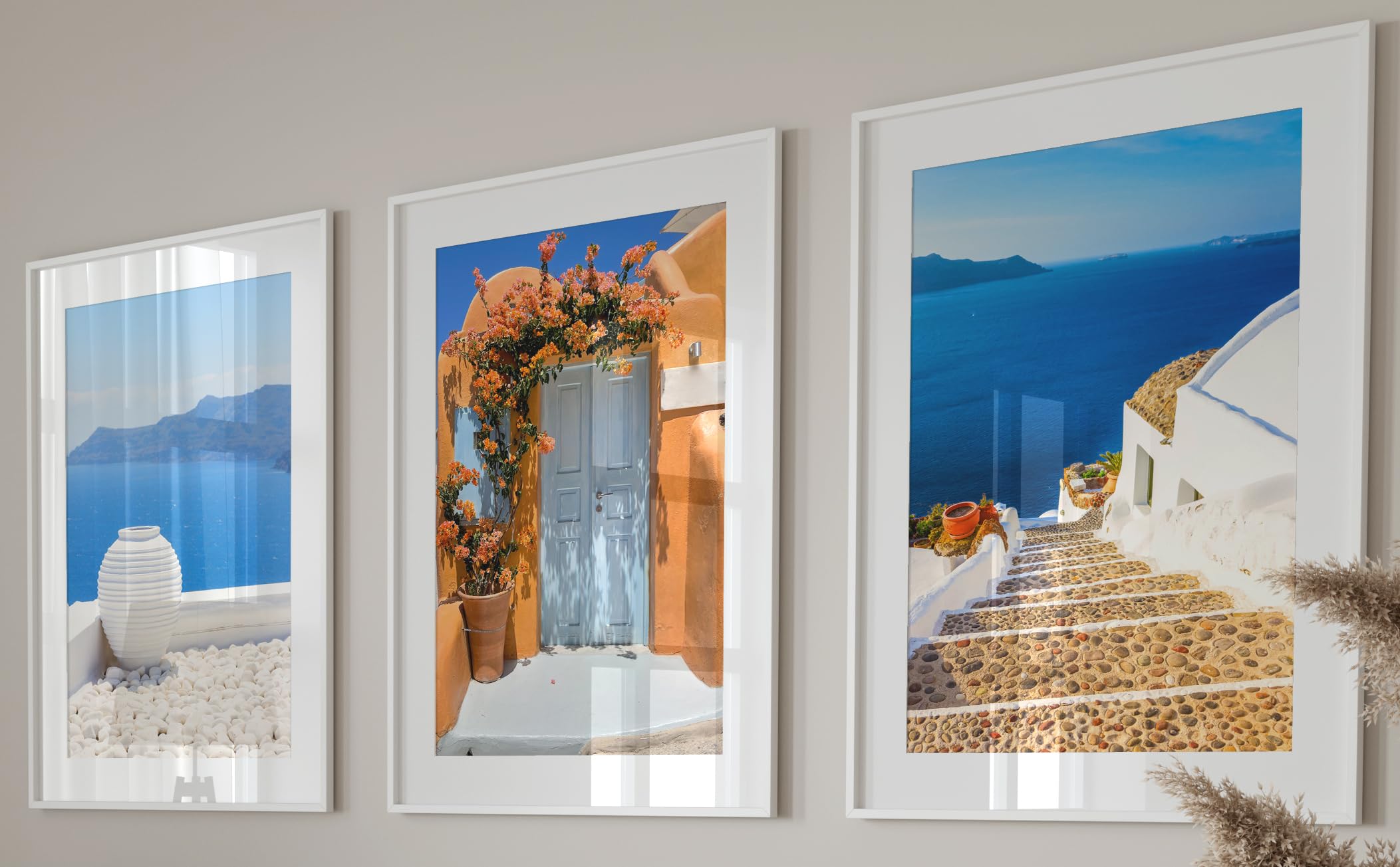 Eviepops Prints Santorini Landscape Set of 3 Unframed Prints, Greek Island Wall Art, Luxury Oceanic Print, Home Décor, Vase Doorway Steps, White Orange Blue, Mediterranean style (A3)