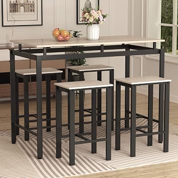 Amazon Com Merax 5 Piece Dining Table Set Wooden Kitchen Table And 4 Chairs With Metal Legs Beige Table Chair Sets