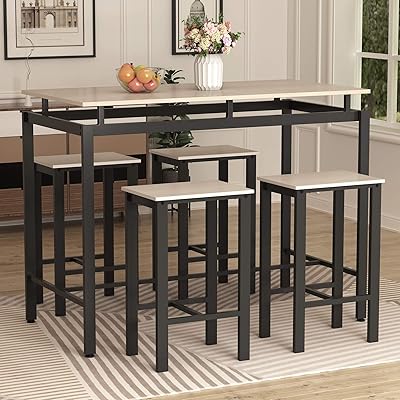 Merax 5-Piece Dining Set, Wooden Kitchen Table & 4 Chairs, Beige